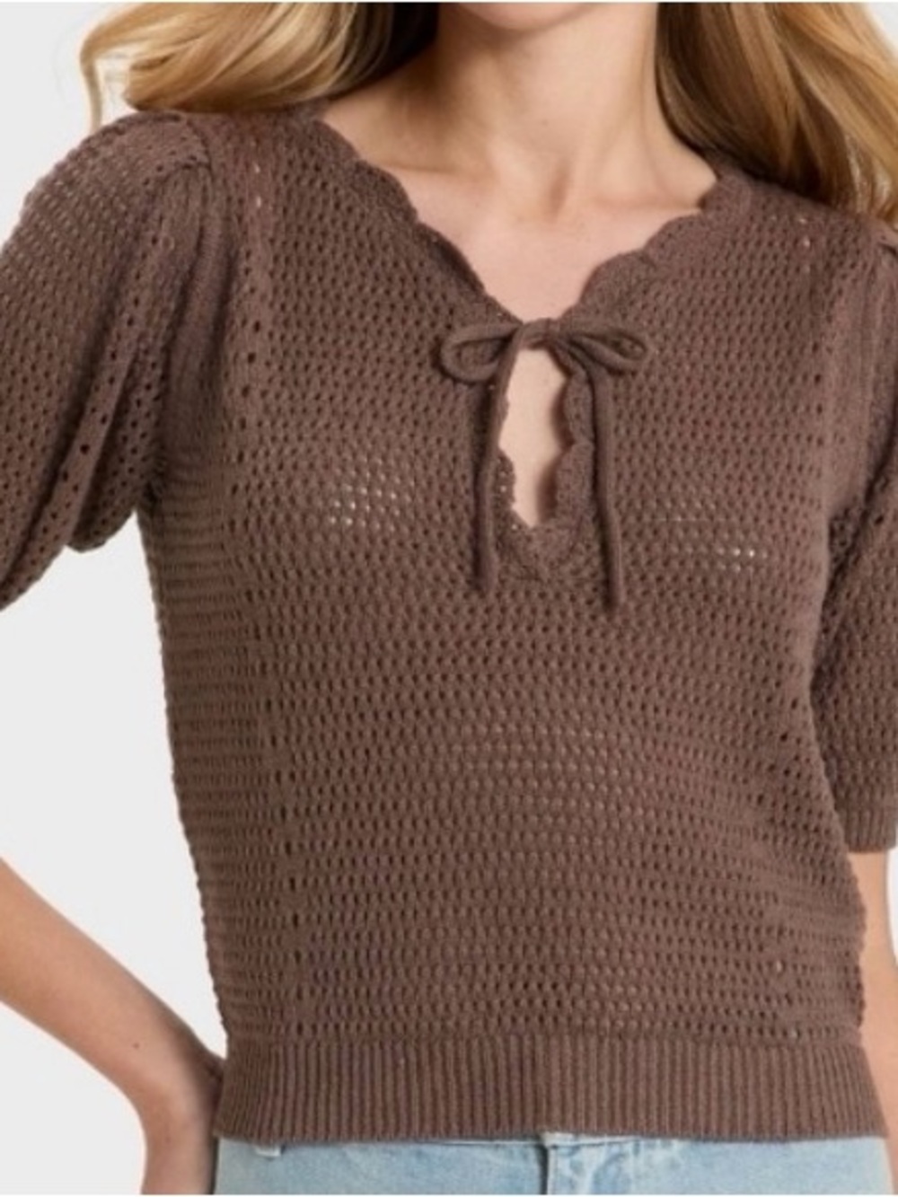 Universal Thread Brown Open-Knit Tie-Neck Sweater Top